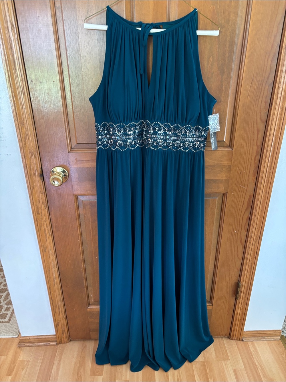 R&M Collection Elegant Teal Evening Gown Floor Length with Beaded Waist- Size 16